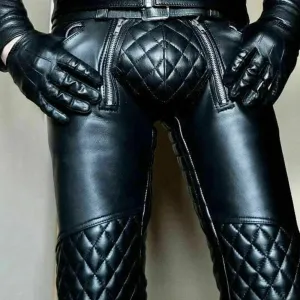 Men's Black Leather Quilted Bike Rider Pant