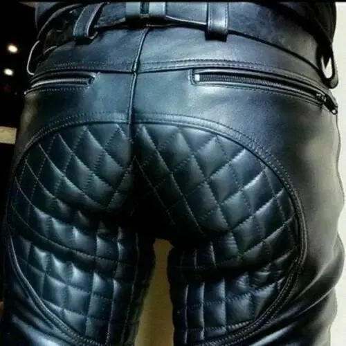 Men's Black Leather Quilted Bike Rider Pant